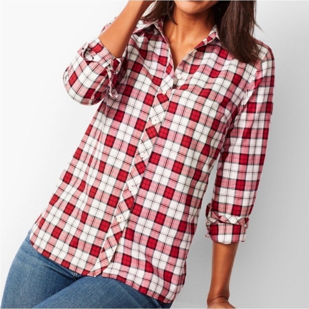 TALBOTS Classic Cotton Shirt Shimmer Plaid Top